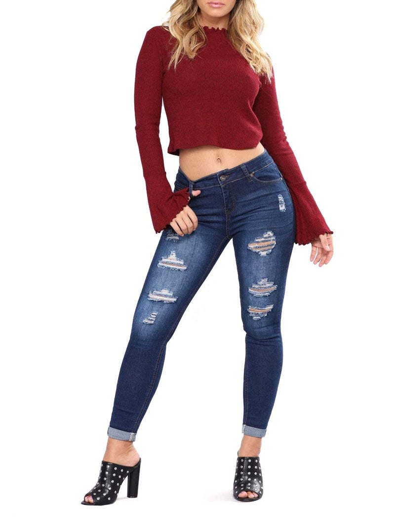 Skirt BL Women's High Waisted Stretch Ripped Skinny Jeans Juniors Destroyed Butt Lifting Denim Pants (Blue, US 10) - Image 4